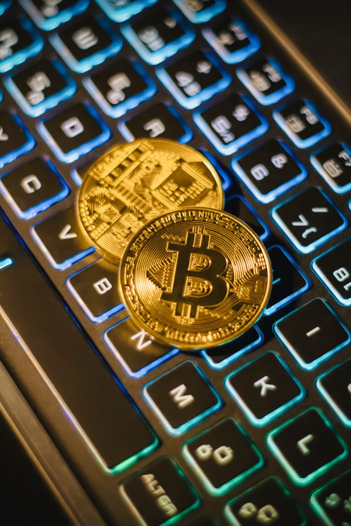 Two Bitcoin coins resting on an illuminated keyboard, showing cryptocurrency and digital finance themes.